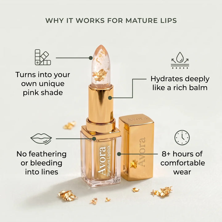Avora clear gold-flake lipstick with its four key benefits