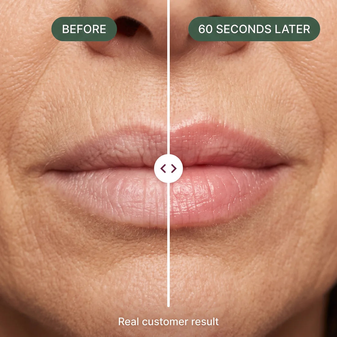 Before and after: bare lips and the same lips 60 seconds after applying