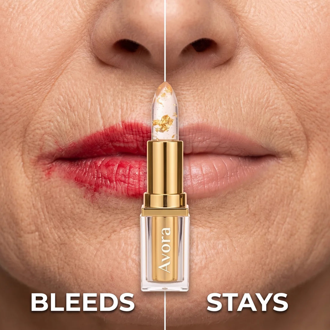 Bleeds vs stays: regular red lipstick feathering into fine lines next to Avora keeping a clean lip line