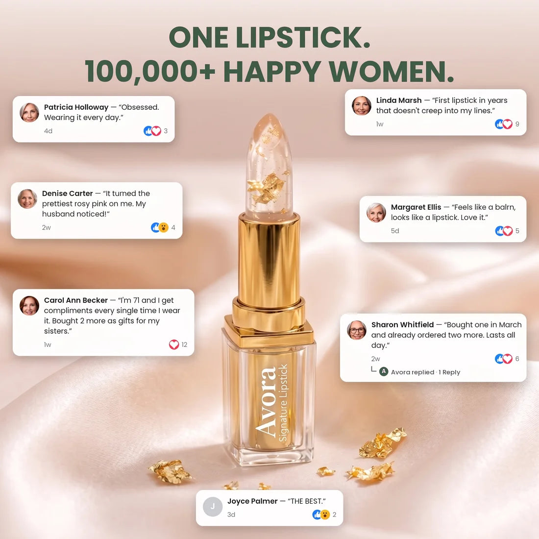 One lipstick, 100,000+ happy women: Avora on silk surrounded by customer comments