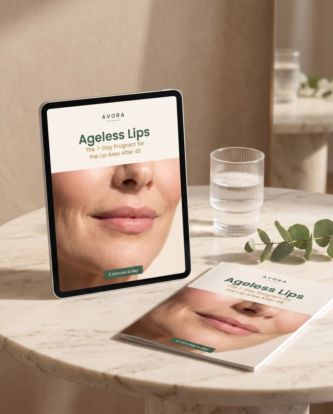 Ageless Lips guide by Avora on a tablet and printed